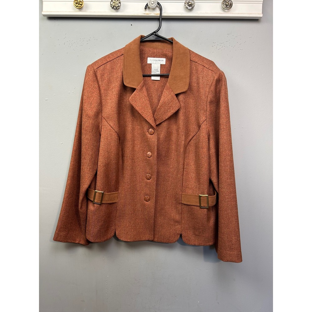 Sag Harbor Women's Orange Herringbone Blazer Jacket Size 18 Collar Buckle Detail